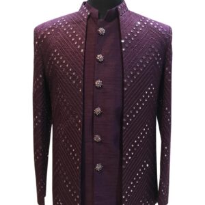 Wine Color Chikan & Mirror Work Shrug Jodhpuri Suit