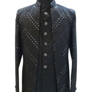 Black Color Chikan & Mirror Work Shrug Jodhpuri Suit