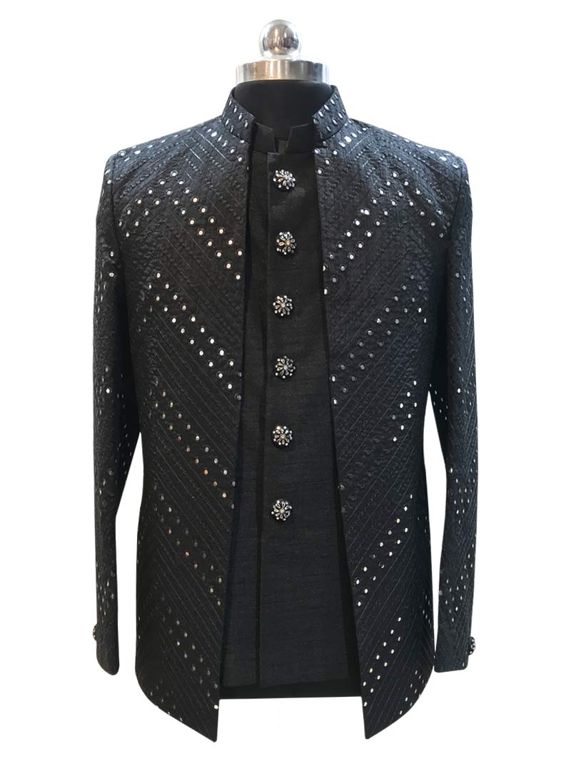 MBR-JPE-009-1 Black Color Chikan & Mirror Work Shrug Jodhpuri Suit