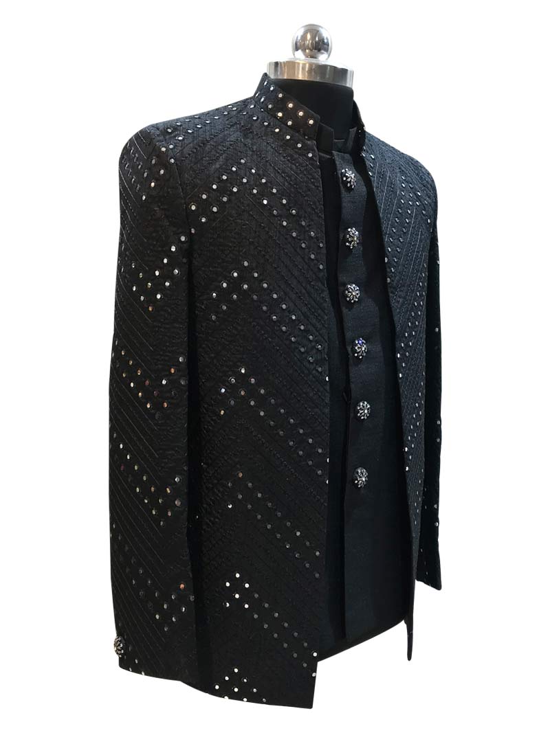 MBR-JPE-009-3 Black Color Chikan & Mirror Work Shrug Jodhpuri Suit