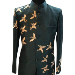 Dark Green Raw Silk Embroidery Jodhpuri Suit