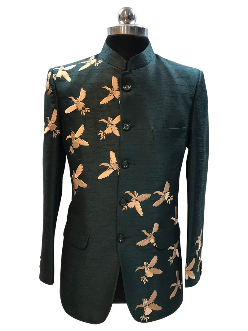 MBR-JPE-010-1 Dark Green Raw Silk Embroidery Jodhpuri Suit