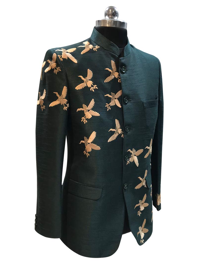 MBR-JPE-010-3 Dark Green Raw Silk Embroidery Jodhpuri Suit