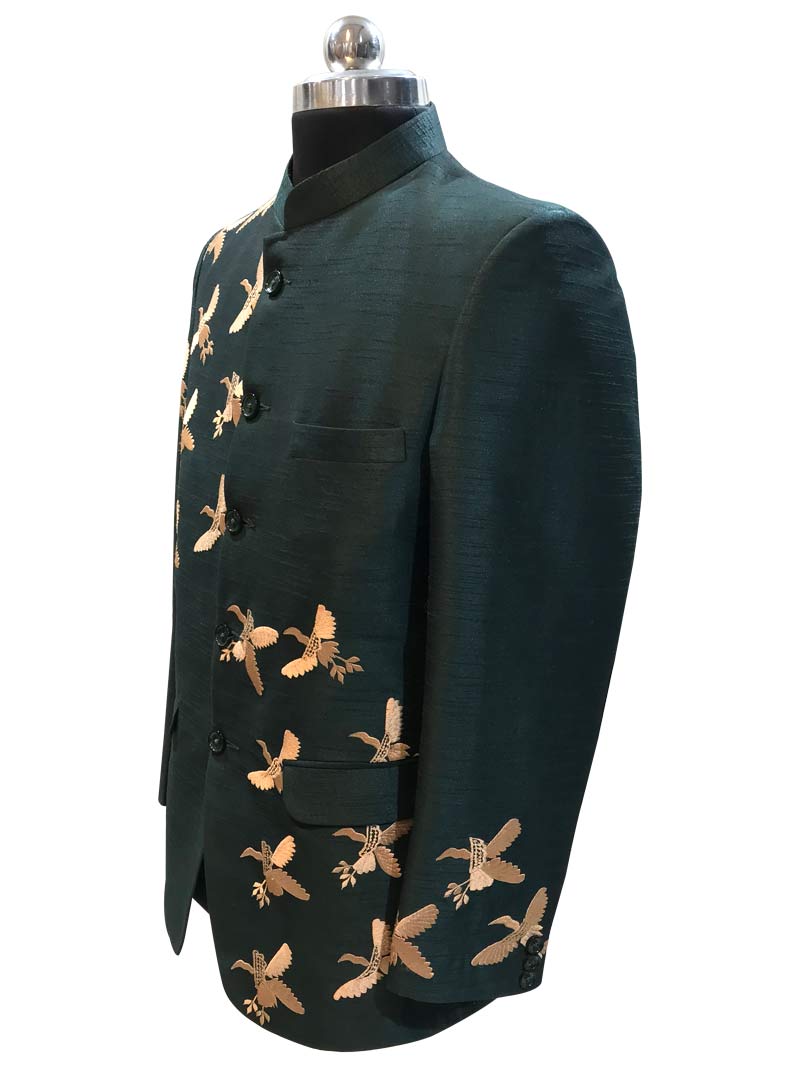 MBR-JPE-010-4 Dark Green Raw Silk Embroidery Jodhpuri Suit