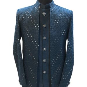 Peacock Blue Color Mirror Work Shrug Jodhpuri Suit