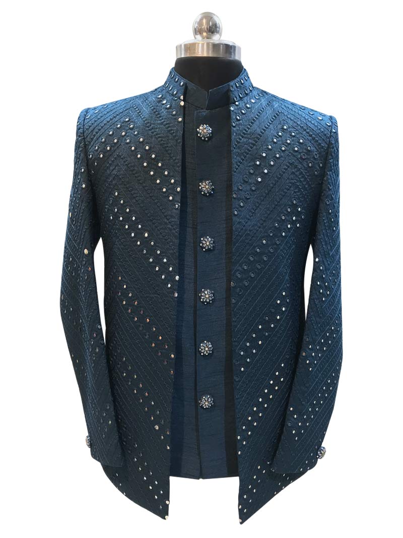 Peacock Blue Color Mirror Work Shrug Jodhpuri Suit - Mubarkaan Store