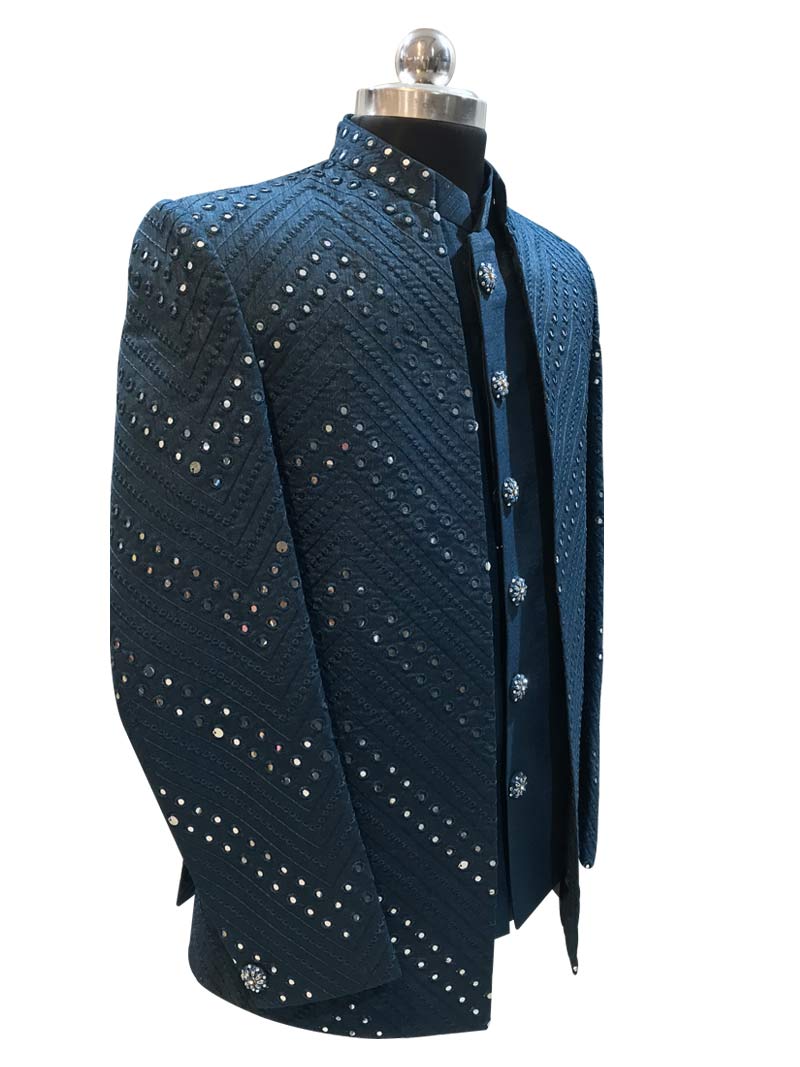Peacock Blue Color Mirror Work Shrug Jodhpuri Suit - Mubarkaan Store