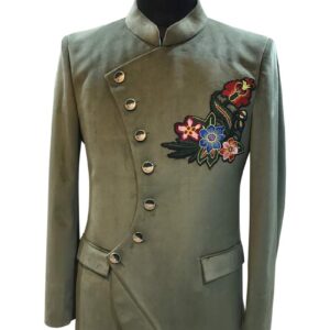 Olive Green Suede Jodhpuri Suit