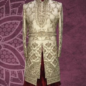 Hand Emblished Golden Sherwani with Maroon Anarkali Kurta