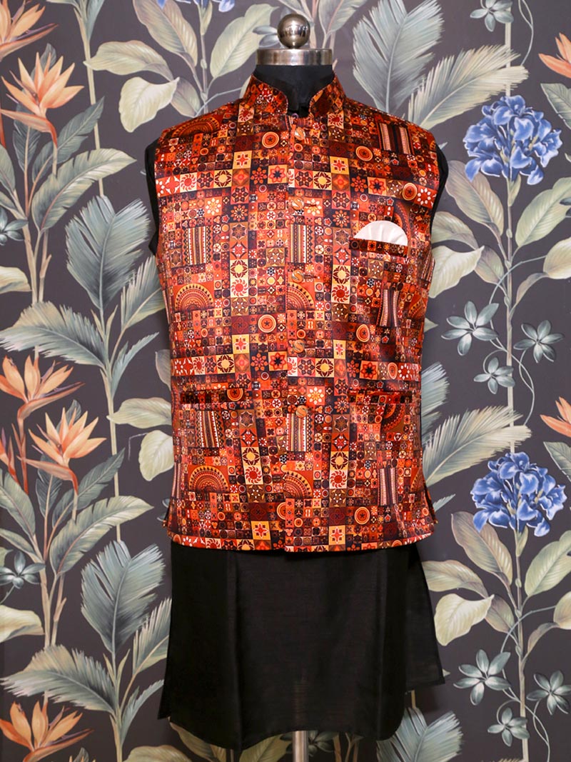 MBRK-KPWC-017 Men's Silk Kurta Pajama With Printed Waistcoat