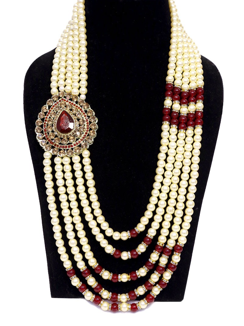 MBRK-MALA-005 Traditional Maroon Beaded And Ivory Pearl Mala
