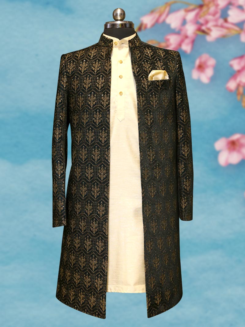 Black Shrug Set with Self Golden Woven Pattern