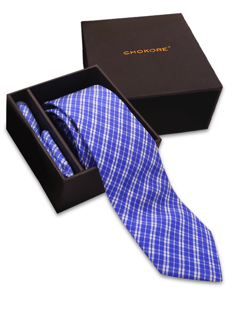 Blue Check Tie and Pocket Square Gift Set