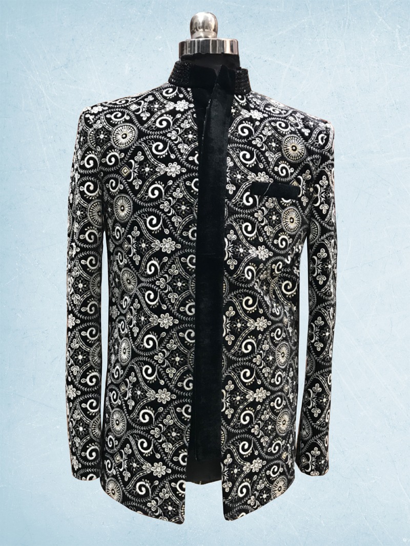 Black Micro Velvet Computerised  Thread work Jodhpuri Suit